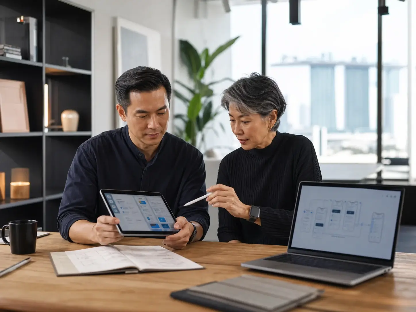 Business founder and product designer reviewing a custom app